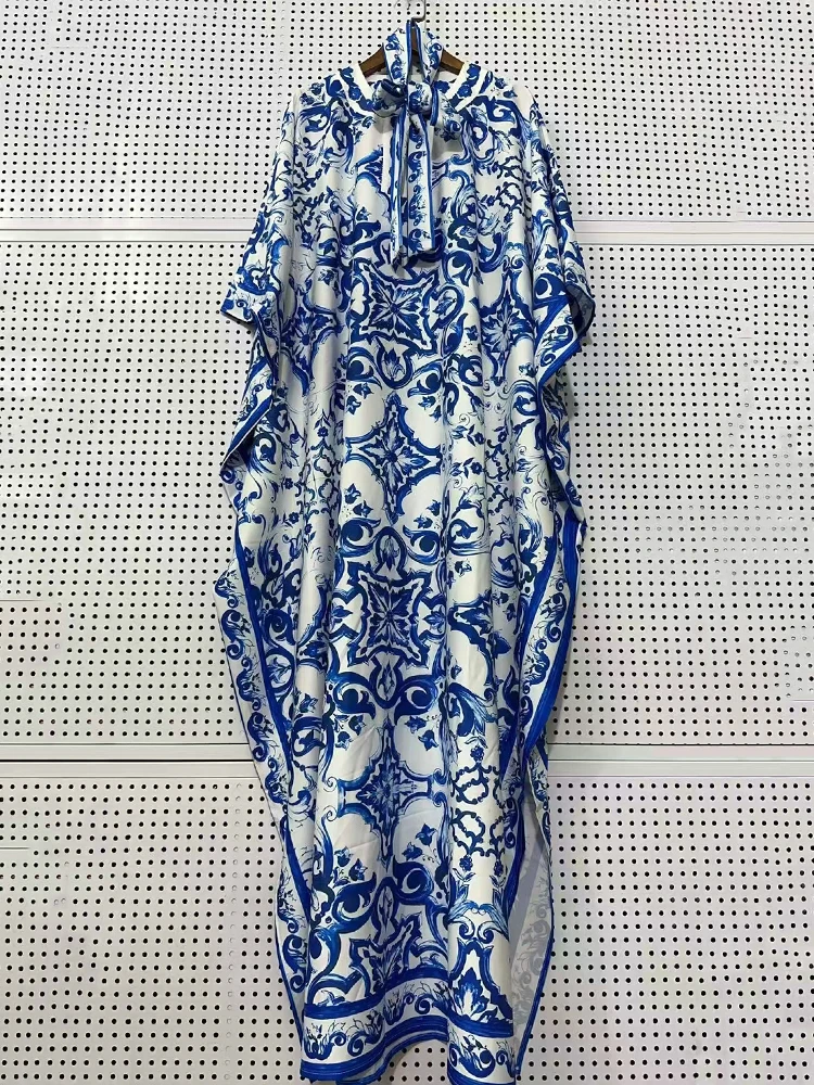 

Retro geometric print lace up half open neck batball sleeve dress 2025 summer women's fashion wide and relaxed slit puffy skirt