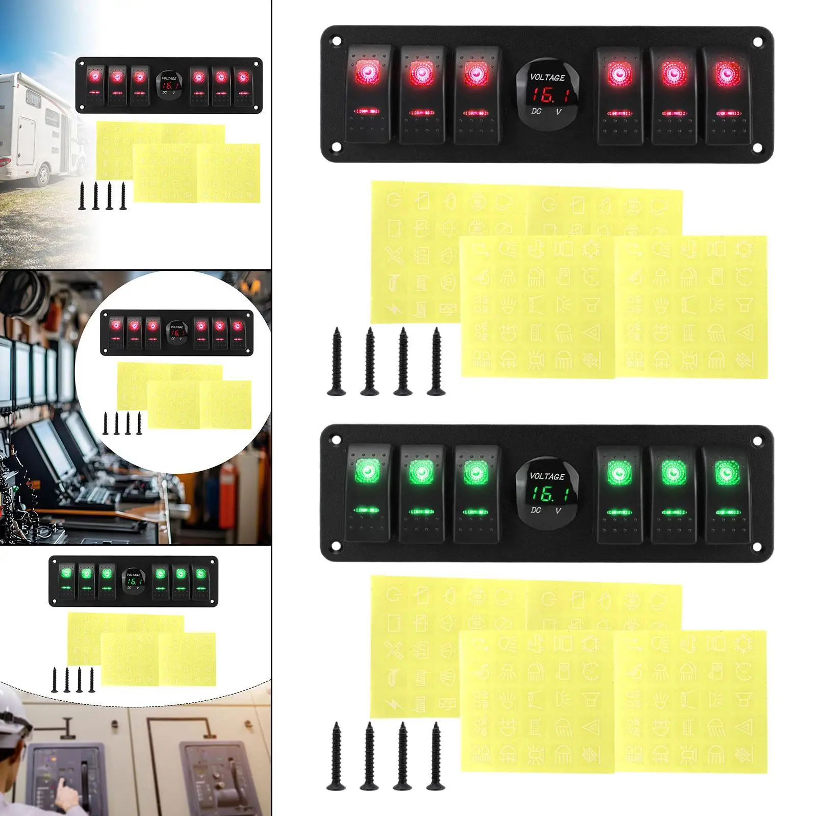 

6 Gang Rocker Switch Panel, with Stickers, Voltmeter 12V on Off Switch Toggle Switch Panel for Marine, Cars, UTV SUV Rvs