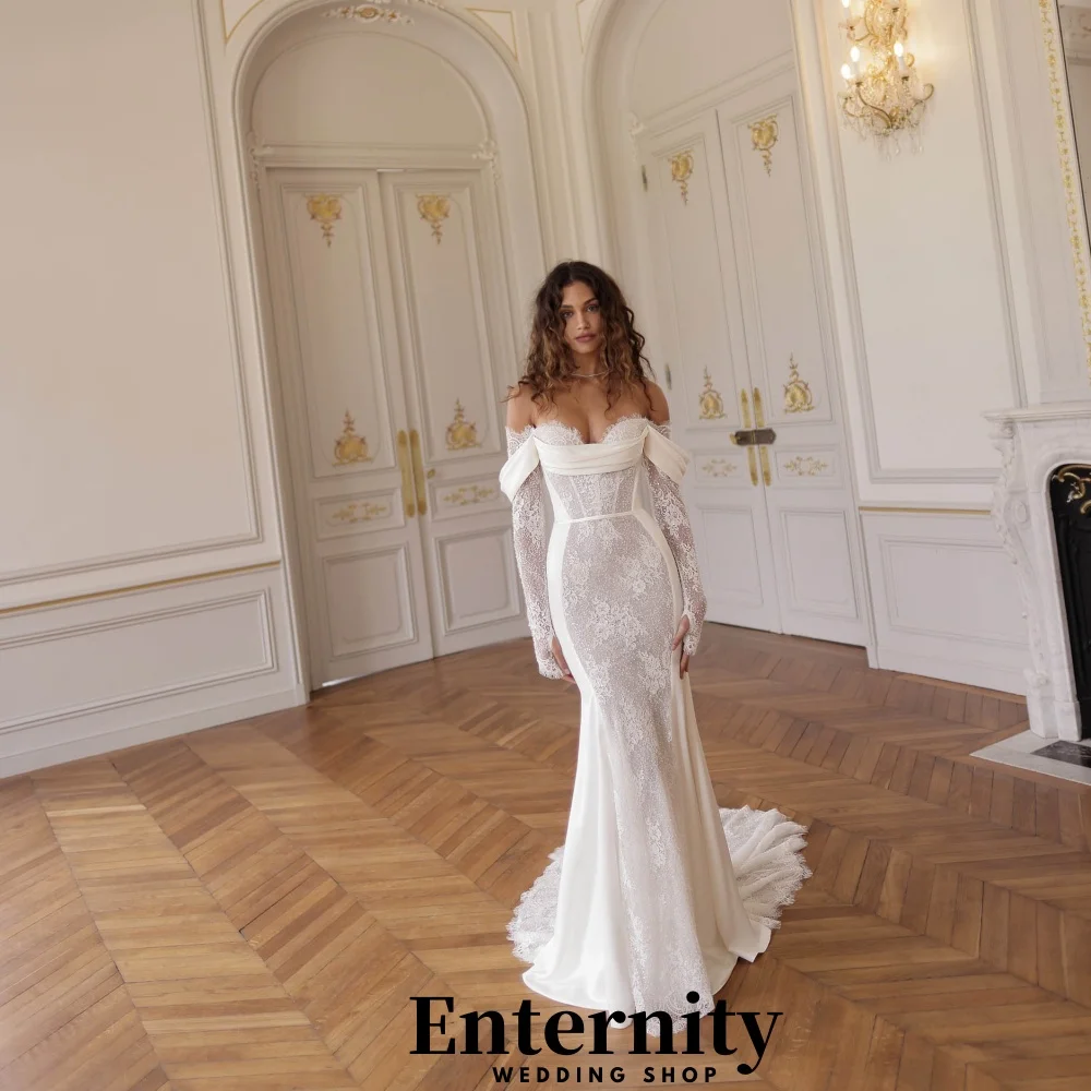 

Enternity Fashionable Mermaid Lace Up Wedding Gown For Bride Half Sleeve Court Train Lace Applique Vestido De Novia Customized