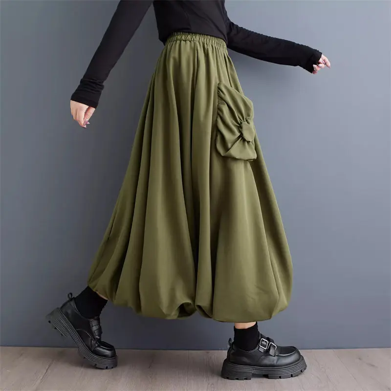 

2024 Spring And Autumn Solid Color Pocket Double Layer Splicing Lantern Skirt Design High Waist Fluffy Umbrella Skirt K2358