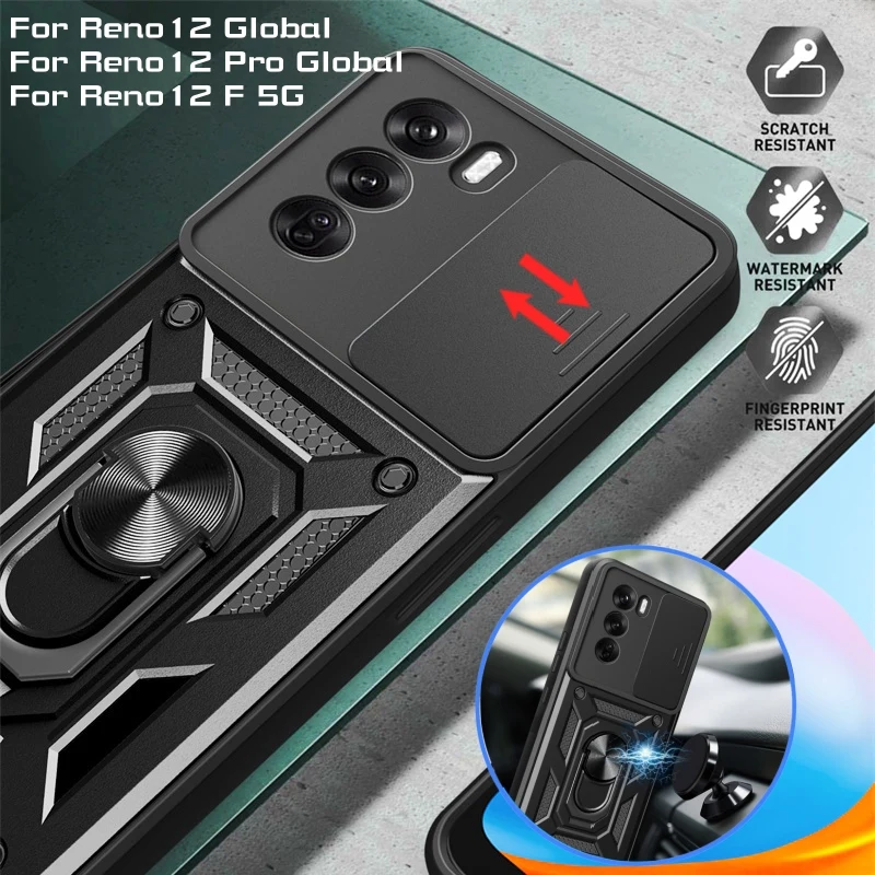 Shockproof Armor Phone Case For Oppo Reno 12 Pro Slide Camera Protect Funda For Reno 12 F 12F Reno12 Pro 5G Magnetic Ring Cover