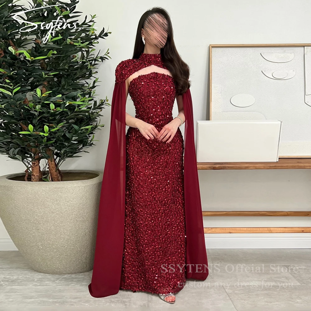 SSYTENS Elegant Red Formal Dress Shiny Sequined Wedding Evening Gowns Cape Sleeves Long Saudi Arabia Prom Dresses Customized