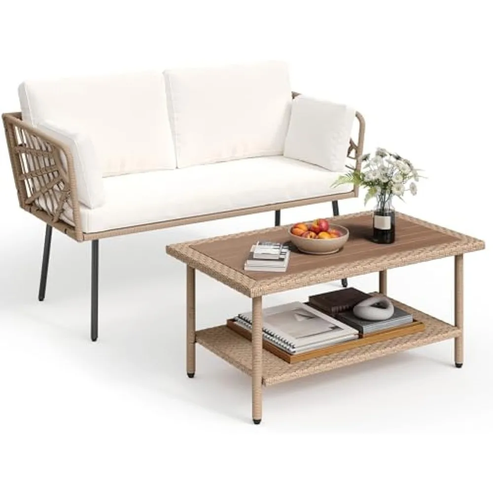 

2 Pieces Patio Furniture Set, All-Weather Wicker Loveseat with Thick Cushions & Rattan Table, Outdoor Conversation Set for Patio
