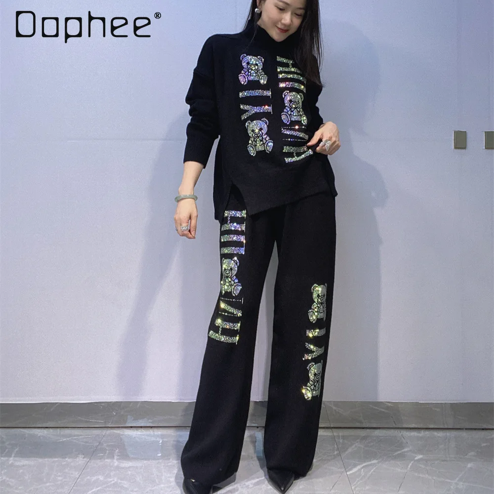 Ensemble tricoté européen et américain pour femmes, pull à col haut + pantalon à jambes larges, ensemble deux pièces, automne hiver