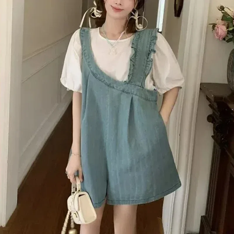 

2024 Summer New Casual Fashion Large Size Loose Irregular Denim Strap Pants and Short Sleeve Solid Tee Shirt Set Woman 2 Pieces