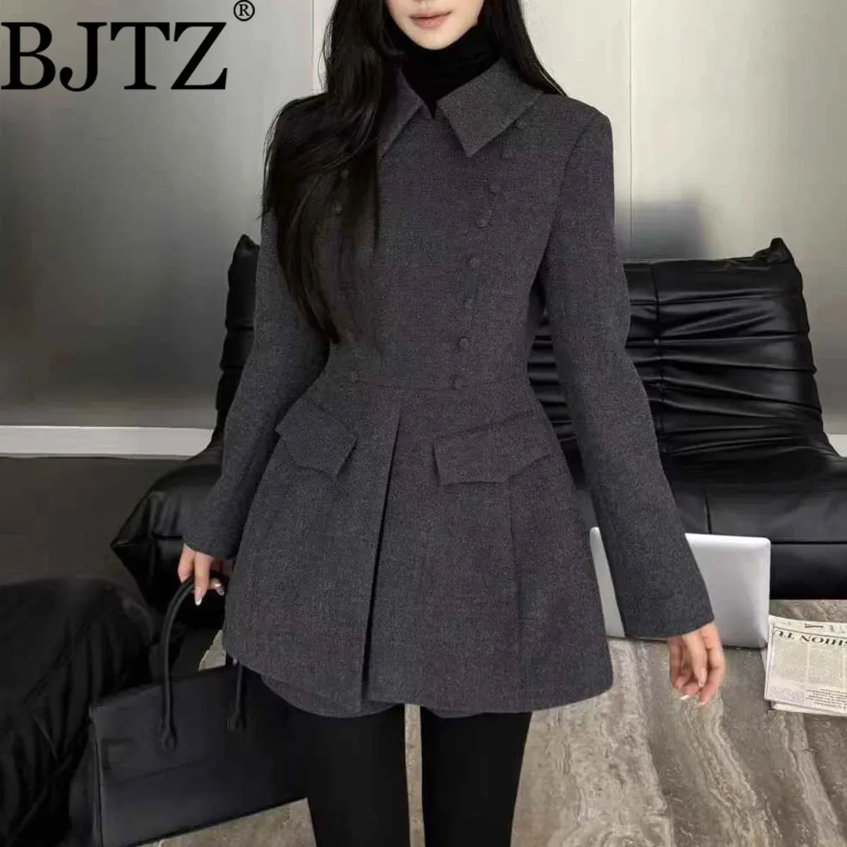

BJTZ офисная женская универсальная шерстяная куртка с лацканами для женщин, осень-зима 2022, новое элегантное модное женское пальто трапециевидной формы