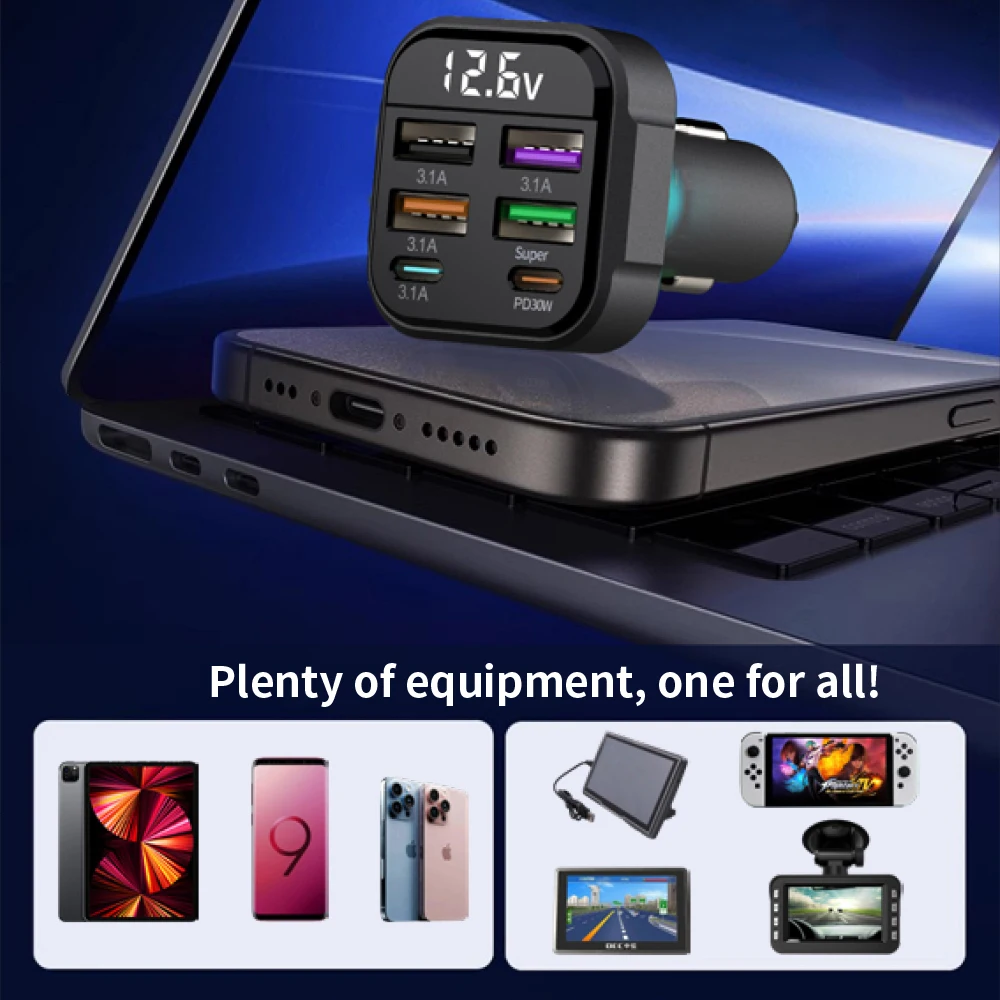 Cargador de coche de 6 puertos de carga rápida PD 30W QC3.0 USB C cargador de teléfono de coche Universal adaptador tipo C en coche para iPhone Samsung Huawei