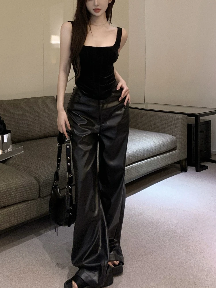 Black Korean Y2K Leather Pants Women Pockets Fashion Vintage Wide Leg Pants Female Outdoor Streetwear Chic Long Pants 2023 New