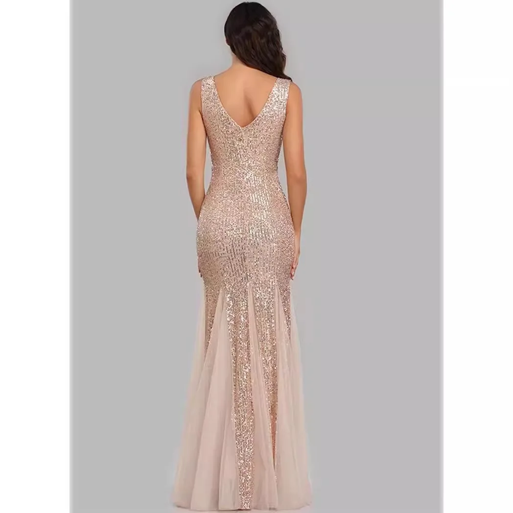 European and American Middle Eastern Sequined Toast Dress Temperament V-neck Sexy Fishtail Slim Banquet Eveningdress Mercerized