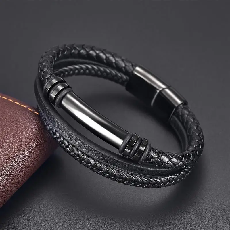 Jiayiqi Punk Stainless Steel Charm Multilayer Leather Bracelet for Men with Magnetic Clasps Classic Wristband Male Jewelry Gift