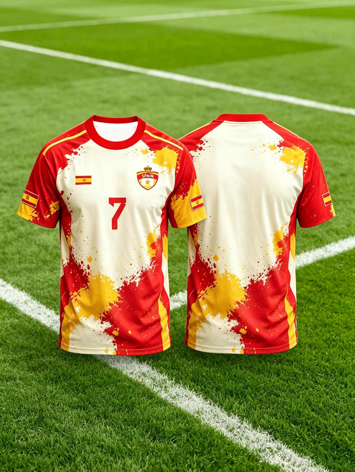 Spanish themed football jersey with contrasting ink and short sleeved shirt, size 7 men's sports T-shirt