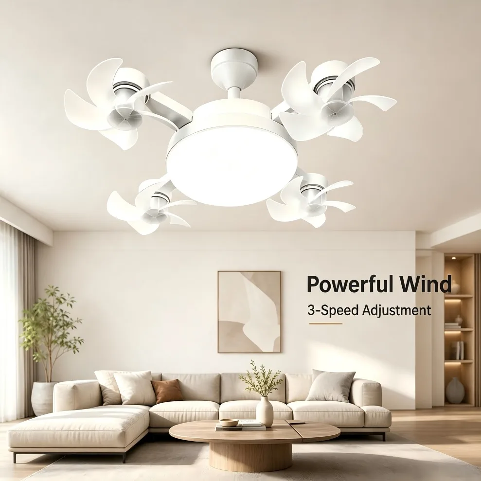 E27 E14 B22 GU10 3/4 Heads Rotatable Ceiling Fan Light  Drone Style Three Colors LED Fan Lamp with Remote Control for Bedroom