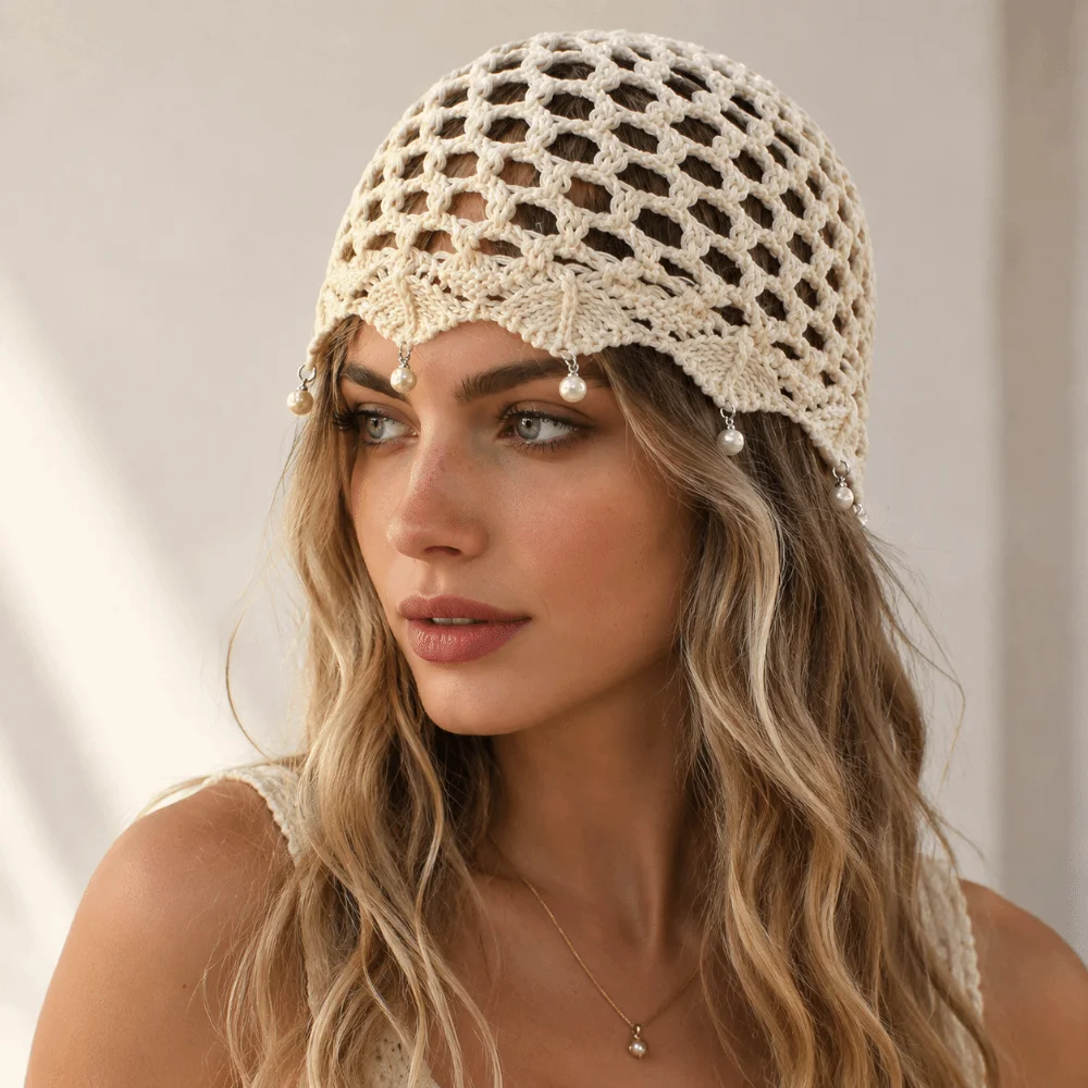 Hollow Out Crochet Knitted Hat Beads Tassels Adjustable Mesh Knitted Hat Handmade Charm Decorative Design Hollow Knit Cap