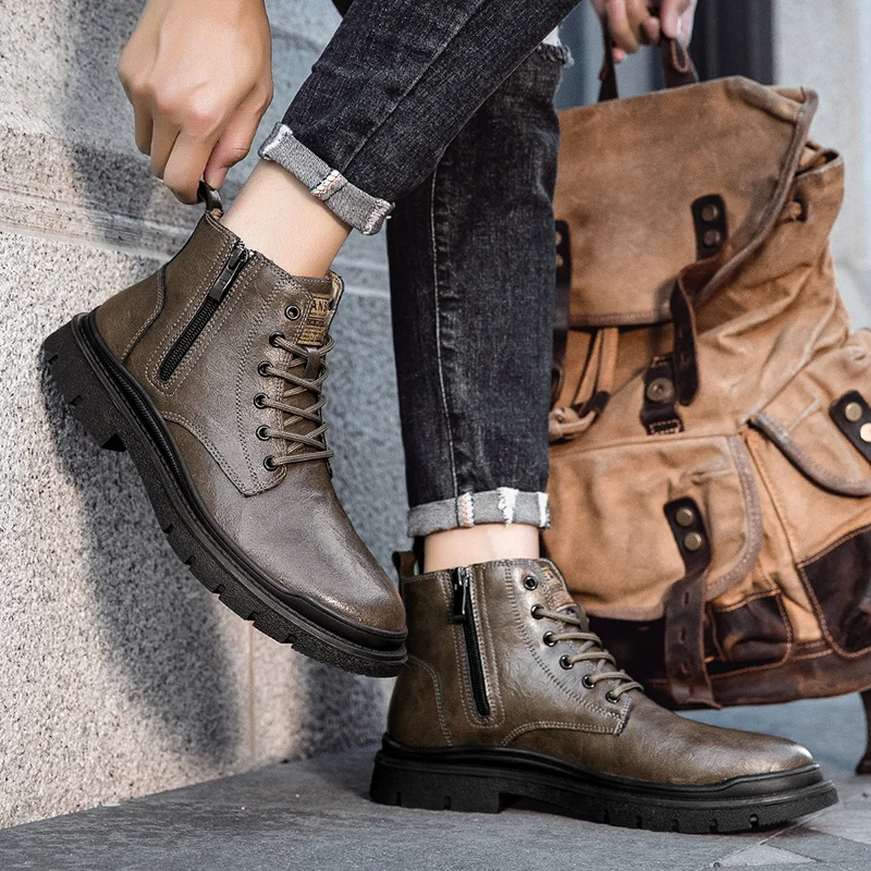 أحذية كاجوال شتوية للرجال، أحذية جلدية بنية، متعددة الوظائف مضادة للانزلاق، مقاومة للاهتراء، دافئة في الهواء الطلق، أحذية تشيلسي الرجعية #1