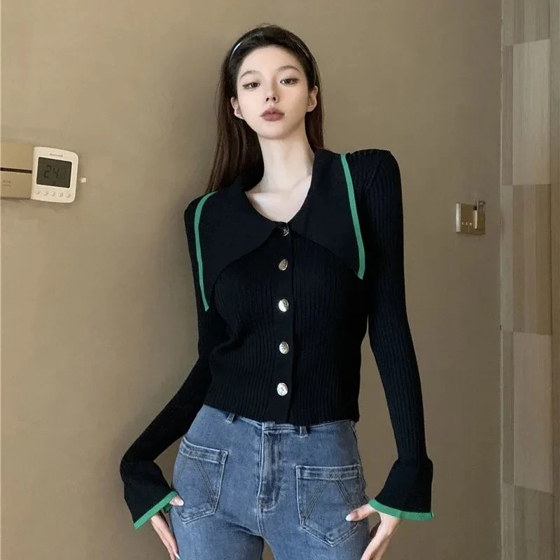 Turndown Collar Cardigans Korean Fashion Sweater Woman Winter 2022 Vintage Knit Cardigan Long Sleeve Top Coats Black Tricot Y2K