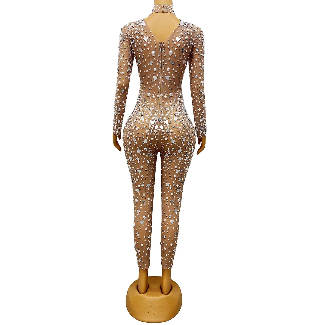 Damski kombinezon z dżetami i cekinami na urodziny, elastyczny, obcisły, siateczkowy pajacyk, kostium sceniczny dla piosenkarki, seksowny strój na występy w klubie nocnym.