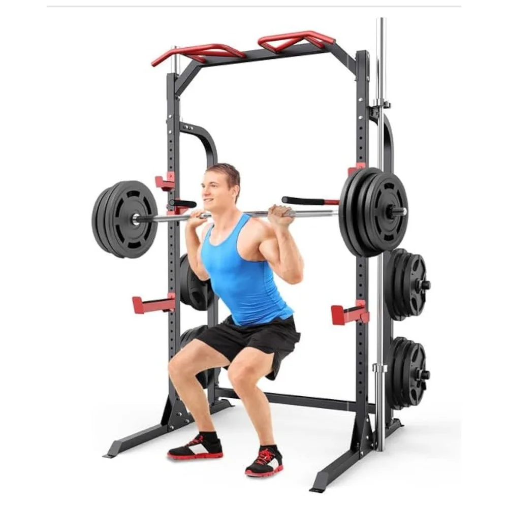 Jaula de Potencia para Sentadillas, Power Rack con Sistema de Poleas, Sistema de Cables Cruzados Ajustable, Ganchos en J, Agarraderas para Dip, Personalizable