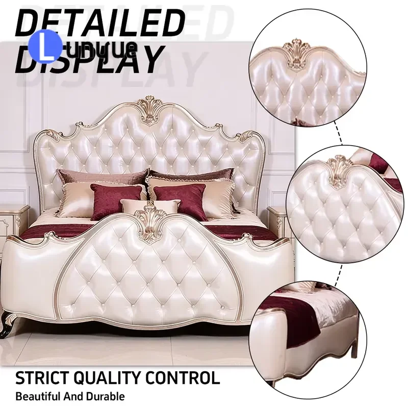 French Classical Luxury Solid Wood Frame Leather Bed European Style Handmade Queen Double Size Bedroom Furniture Elegant