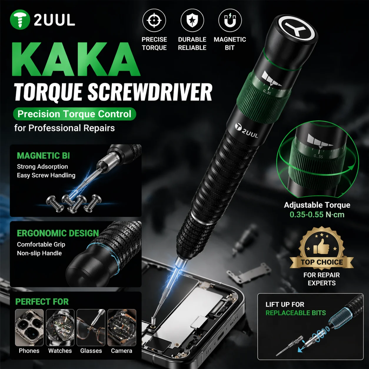 2UUL KAKA Adjustable Torque Precision Screwdriver Set with Magnetic Bits for Phone Repair Disassembly Tools