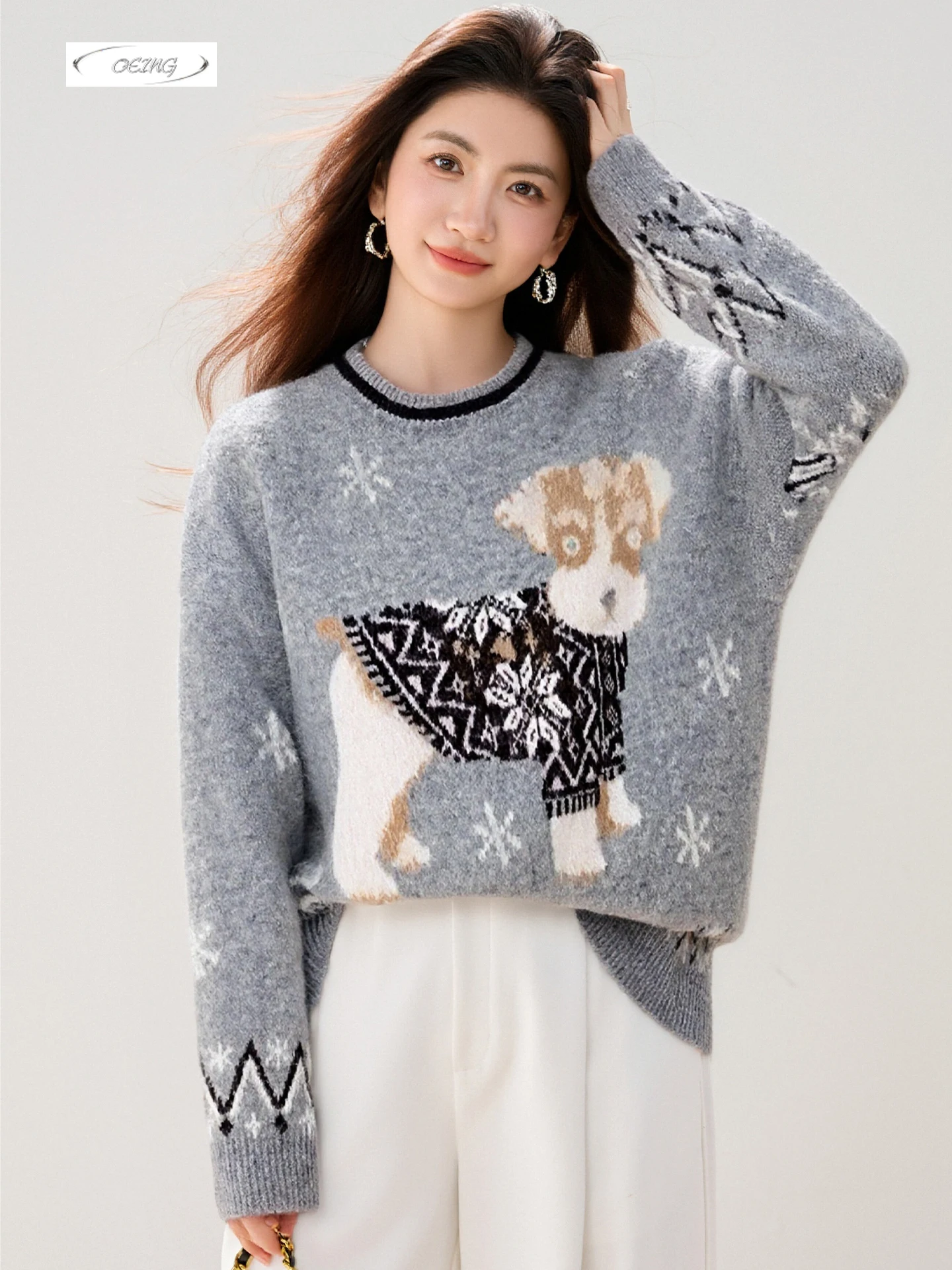 

Vintage Dog Jacquard Long Sleeve Loose Gray Knitted Pullover Sweater for Women Autumn Winter Thick Sweet Knitwear Jumper 9782