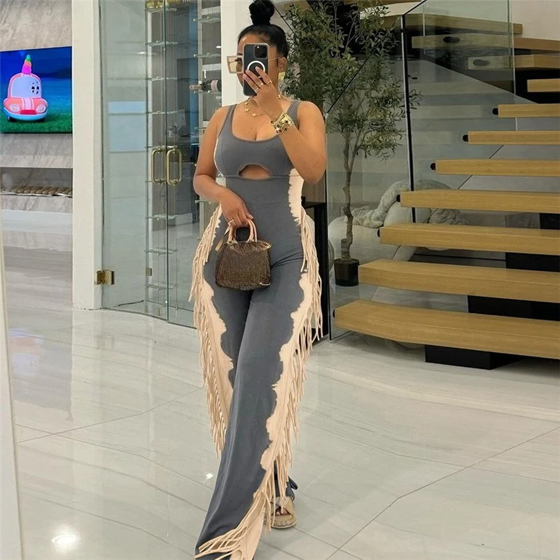 Doyerl Fringed Tassel Jumpsuits for Woman Overalls Club Wear Sleeveless Tank Hollow Out Patchwork One Pieces Rompers Combinaison