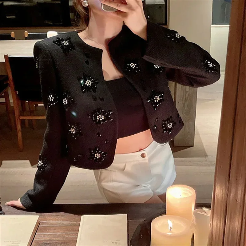 High Quality 2024 New Fashion Fall Winter Womens Full Sleeve Heavy Industry Diamonds Embroidered Flares Tweed Casual Jacket