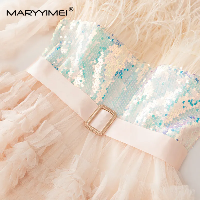 MARYYIMEI Fashion Designer spring Summer Women\'s Lantern Sleeved Feathers Sequins Mesh Flounced Edge Sashes Elegant Dresses