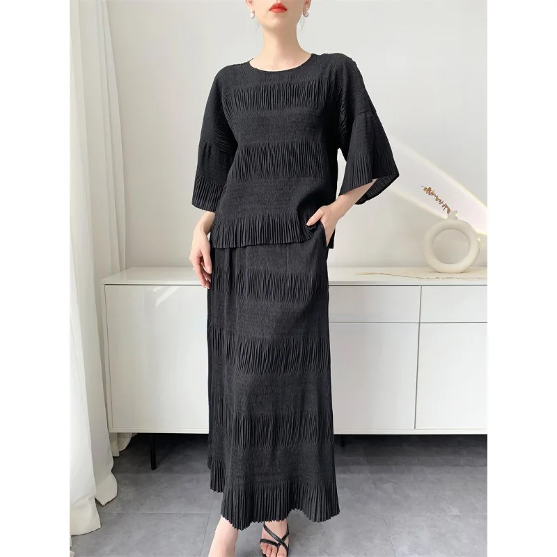 Miyake terno plissado feminino verão novo topo meia saia temperamento confortável casual simples tamanho grande elástico roupas de viagem