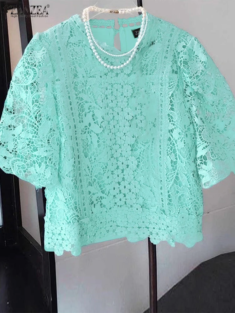 

ZANZEA женская элегантная ажурная блузка с вышивкой, рубашка, лето 2021, модные кружевные лоскутные блузки с короткими рукавами, туника Femme