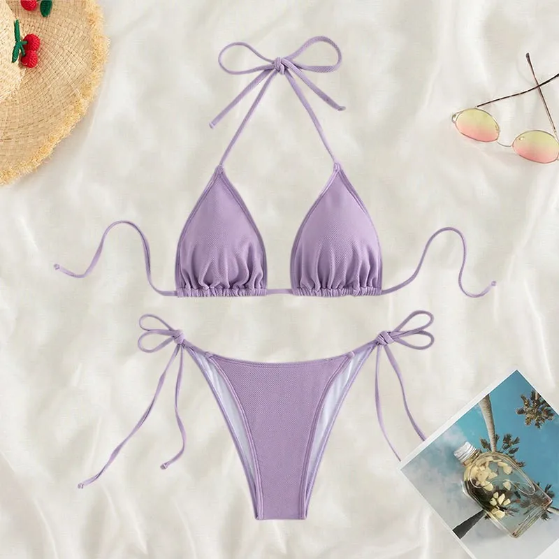 

Beach Outfits Woman Bikini Lavender Triangle Top Bikinis Black Thong Bottom Swimsuit White Ruched Waist Two Piece Swimsuit