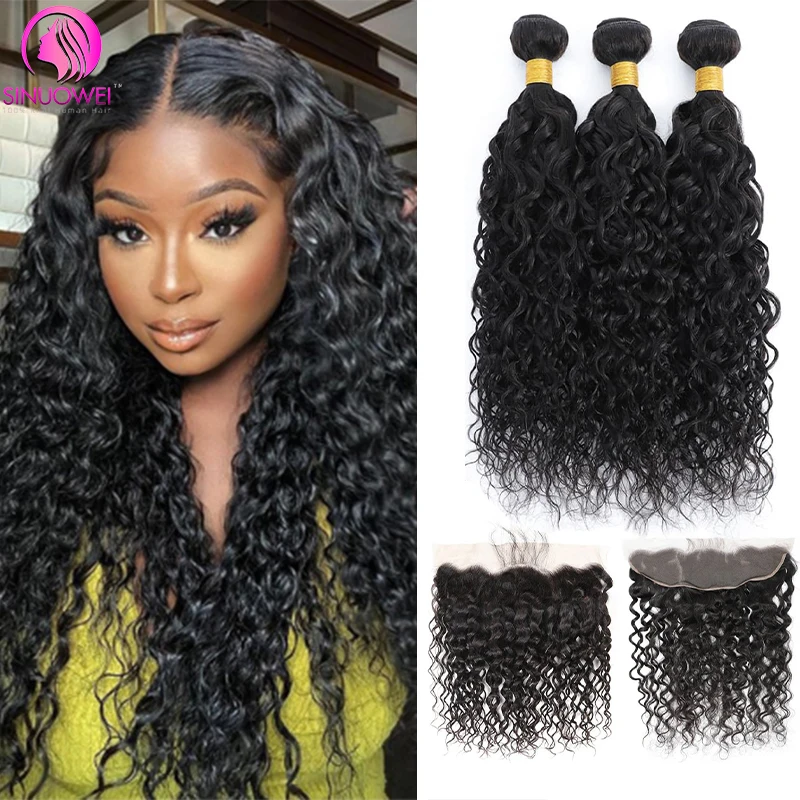 

10A Brazilian Water Wave Bundles Human Hair With Frontal 3 Bundles and 4x4 Lace Closure Wet and Wavy Virgin Hair Natural Color