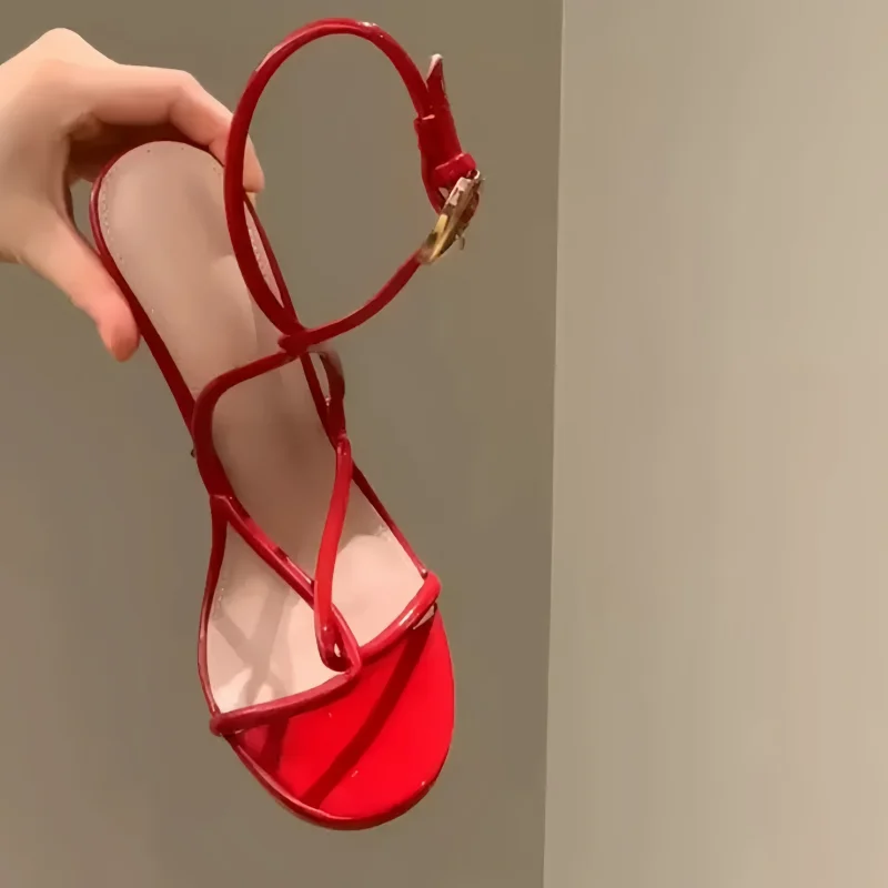 Crossover Strap Shoes for Ladies Round Toes High Heels Ankle Strap Female Sandals Solid Tacones Sewing Lines Zapatos De Mujer