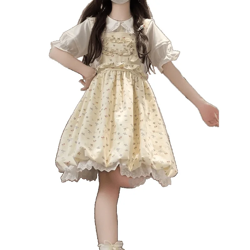 

2025 New Lolita Cute Bubble Sleeve Blouse 2-piece Set Women School Style Summer Age Reduction Flower Bud Layering Collar Dresses