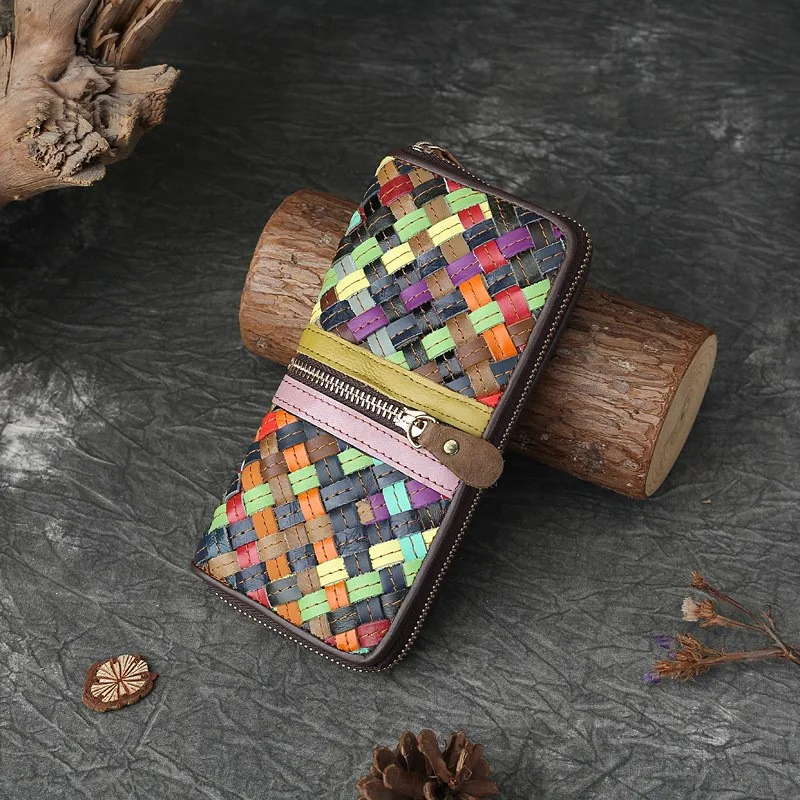 Johnature Genuine Leather Woven Mixed Colors Long Wallet 2026 New Random Color Stitching Large Capacity Multi Slot Zipper Purse