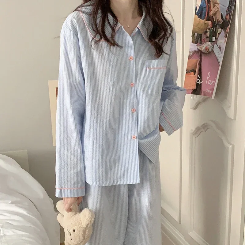 Spring and Autumn Long Sleeve Pajamas Cute Color Blocking Stripes Casual Loose Sleepwear Turn-down Collar Homewear 2 Pieces Set