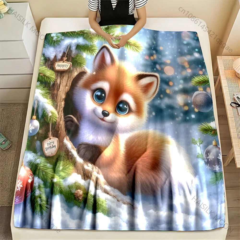 Cute Raccoon Cat and Pine Needles Pattern Blanket Flannel Material Soft Warm for All Seasons,For Home Outdoor Camping Picnics RV