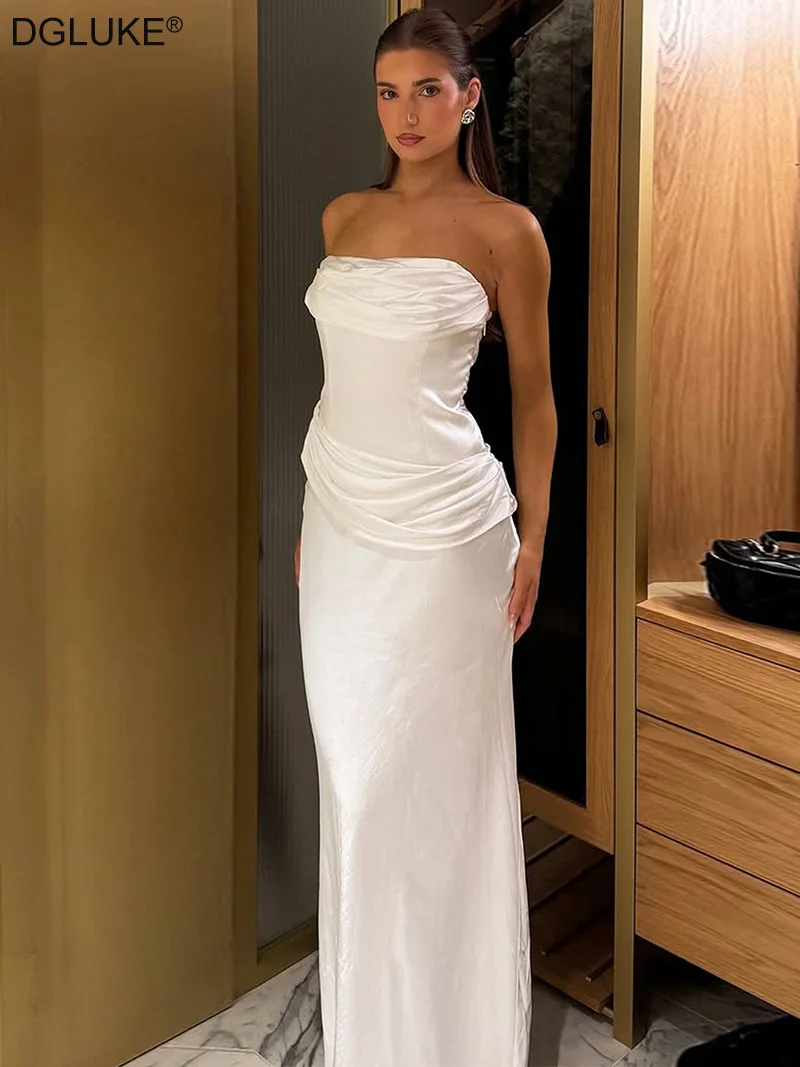 

DGLUKE Cowl Front Strapless Maxi Dress Woman Ruched Empire Waist Evening Dress Summer White Long Satin Dress
