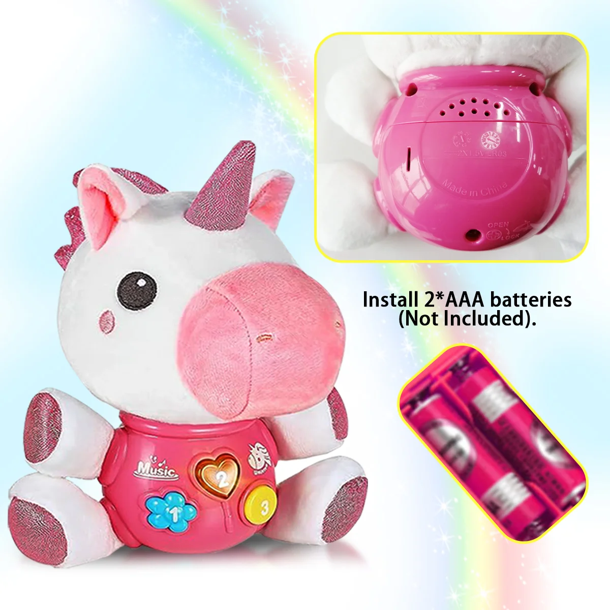 Baby Plush Music Toy, Cartoon Unicorn, Dinosaur Doll, Plush Singing and Glowing Music Toy, Music Stuffed Animal