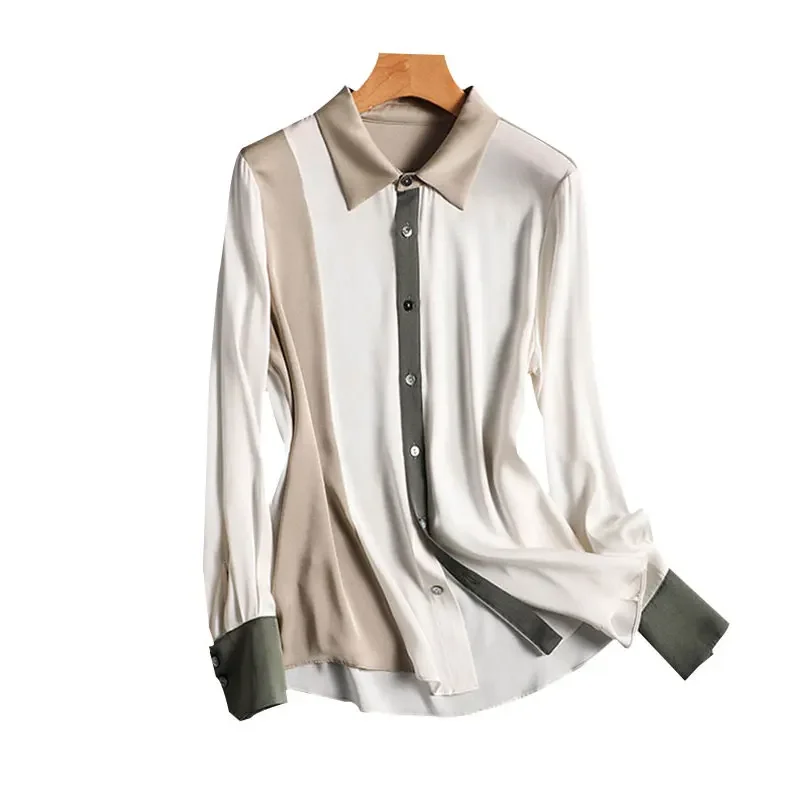 Satin Vintage Women's Shirts New Silk Korean Clothing Loose Fit Long Sleeves Tops Polo-neck Casual Patchwork Women Blouses