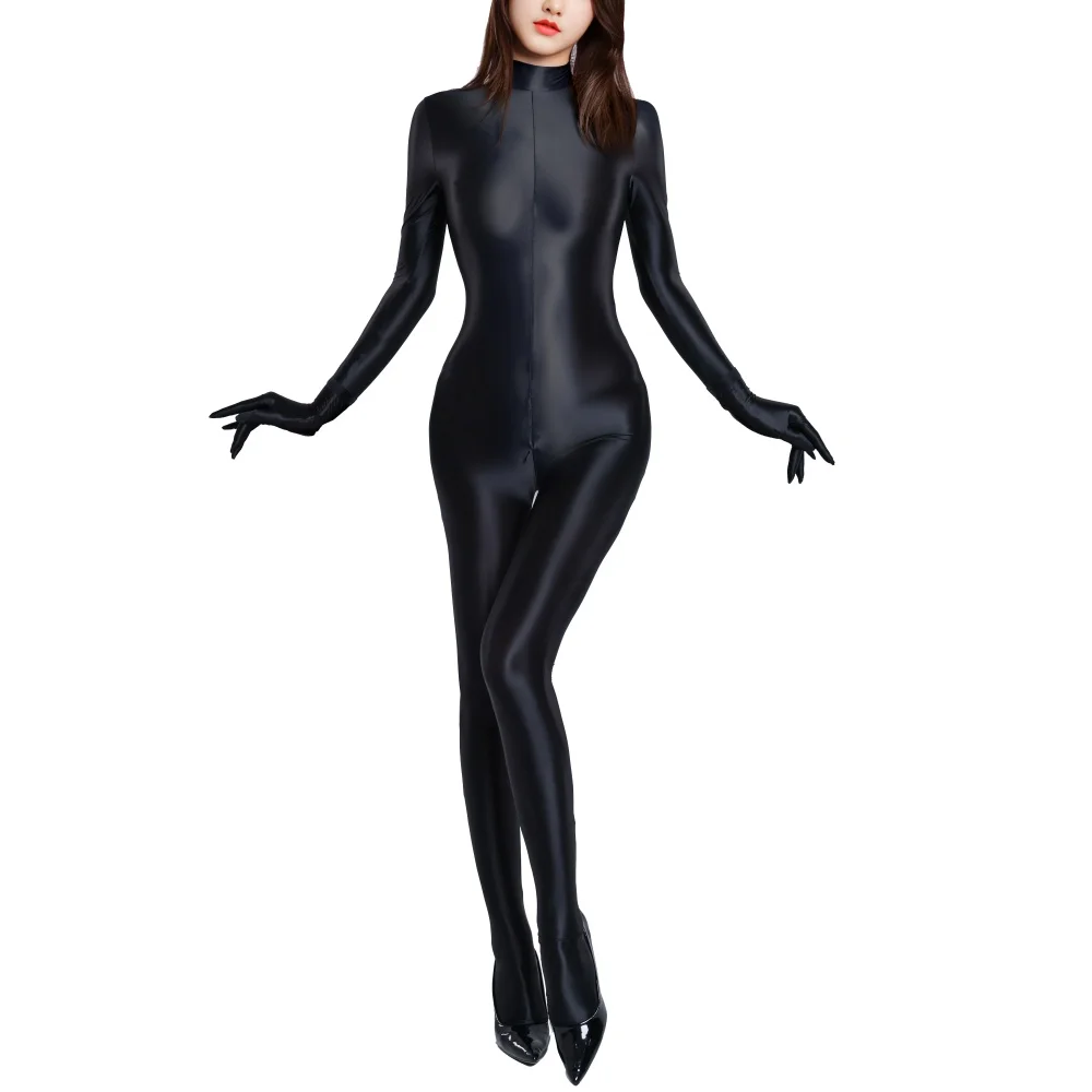 

Новый женский сексуальный прозрачный маслянистый комбинезон для всего тела с длинными рукавами и молнией, дизайнерский комбинезон с перчатками, однотонное эластичное боди