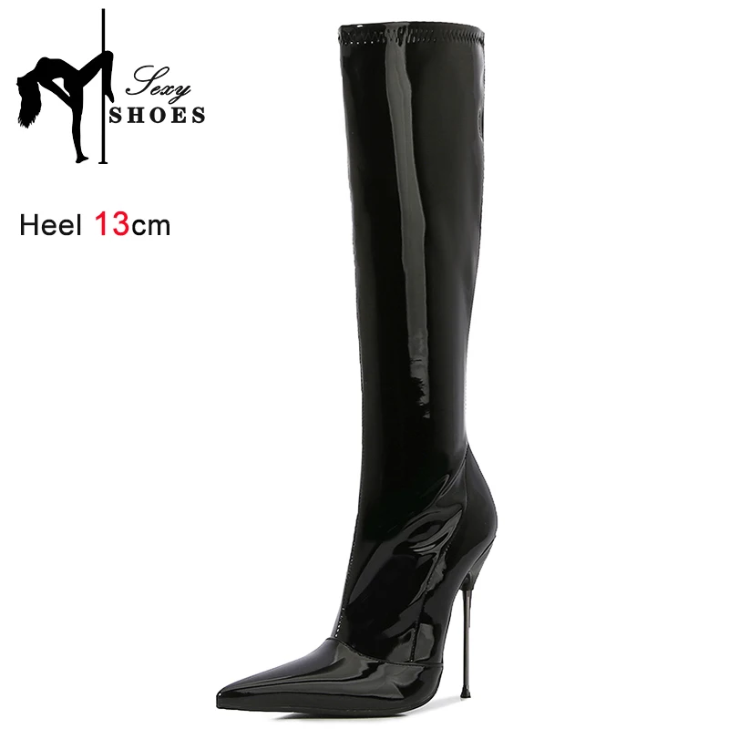 Red Pointy Knee-High Boots Women Sexy 13CM Thin Heels High Heels Shoes Female Fashion Side-zipper Sexy Autumn New Boots Size 46