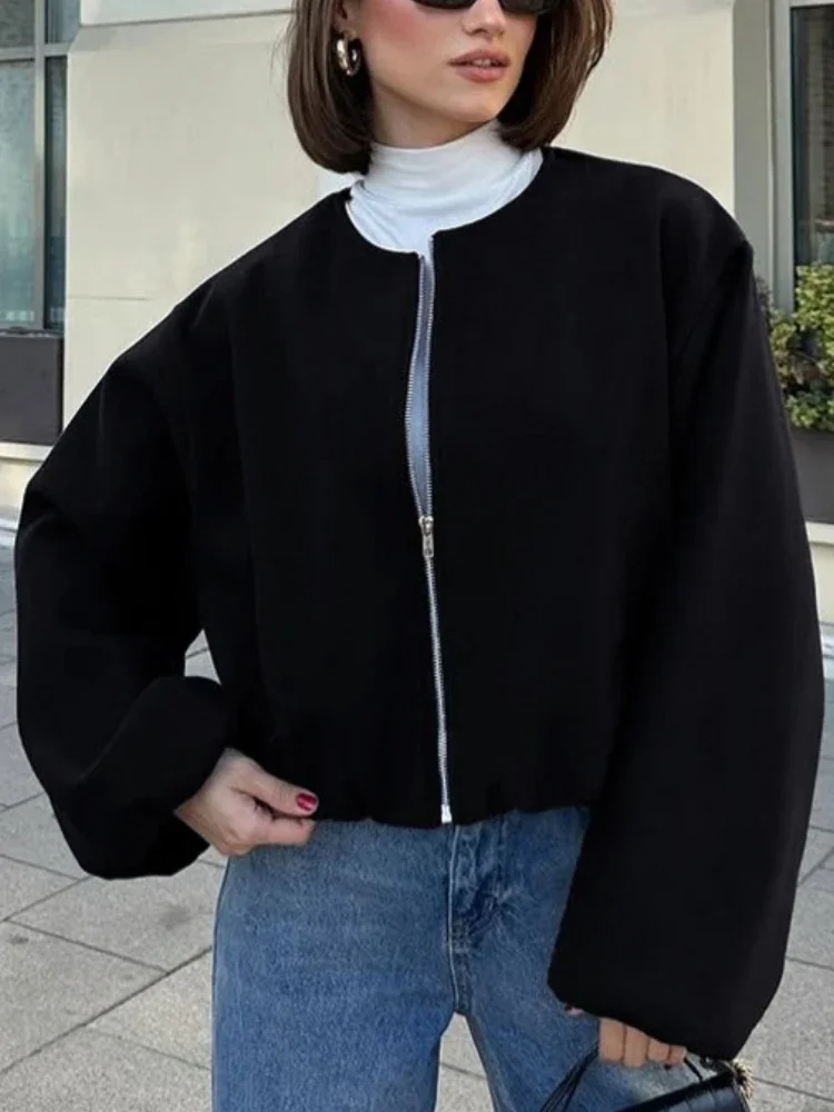 

Casual Black Round Neck Short Jacket For Women Long Sleeves Zippers Loose Streetwear Solid Commute Coat Female Jacket Coat