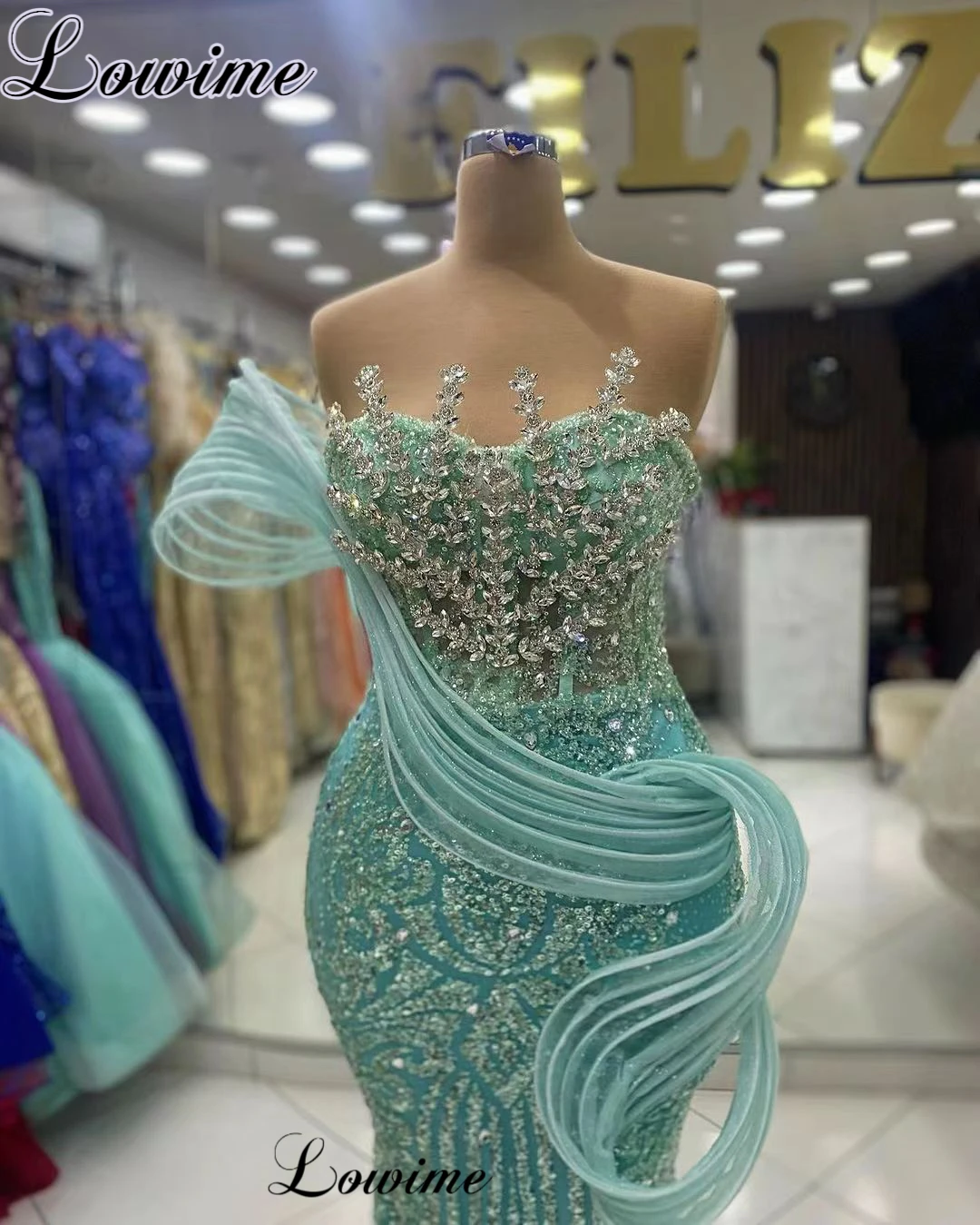 Mint Green Glitter Celebrity Dresses Mermaid Special Strapless Awards Ceremony Dresses With Crystals Vestidos De Gala Prom Dress