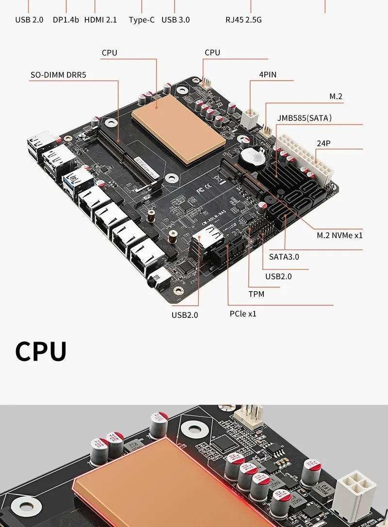 BitPC Intel N100/i3-N305 Nas اللوحة الرئيسية DDR5 2 * M.2 NVMe 6 * SATA 3.0 ITX I226-V SO-DIMM 4 * 2.5G Lan Board نوع اللوحة الأم