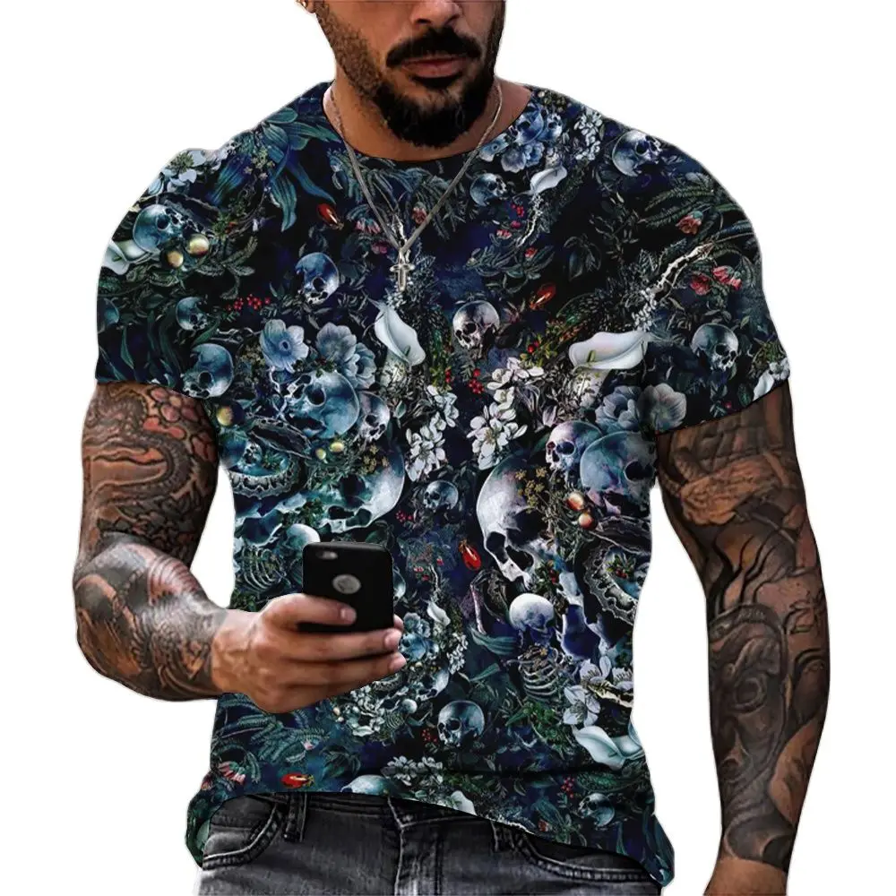 Fashion New Flowers and Skulls graphic t shirts For Men Summer Casual Trend Hip Hop streetwear Personality Printed O-neck Tees