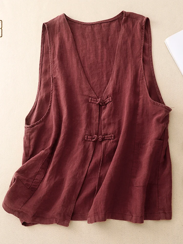 

Retro V-ne Linen Cotton Loose Top Buttoned Women's Vest Summer Commute Sle Pure Color Work Design Single ket