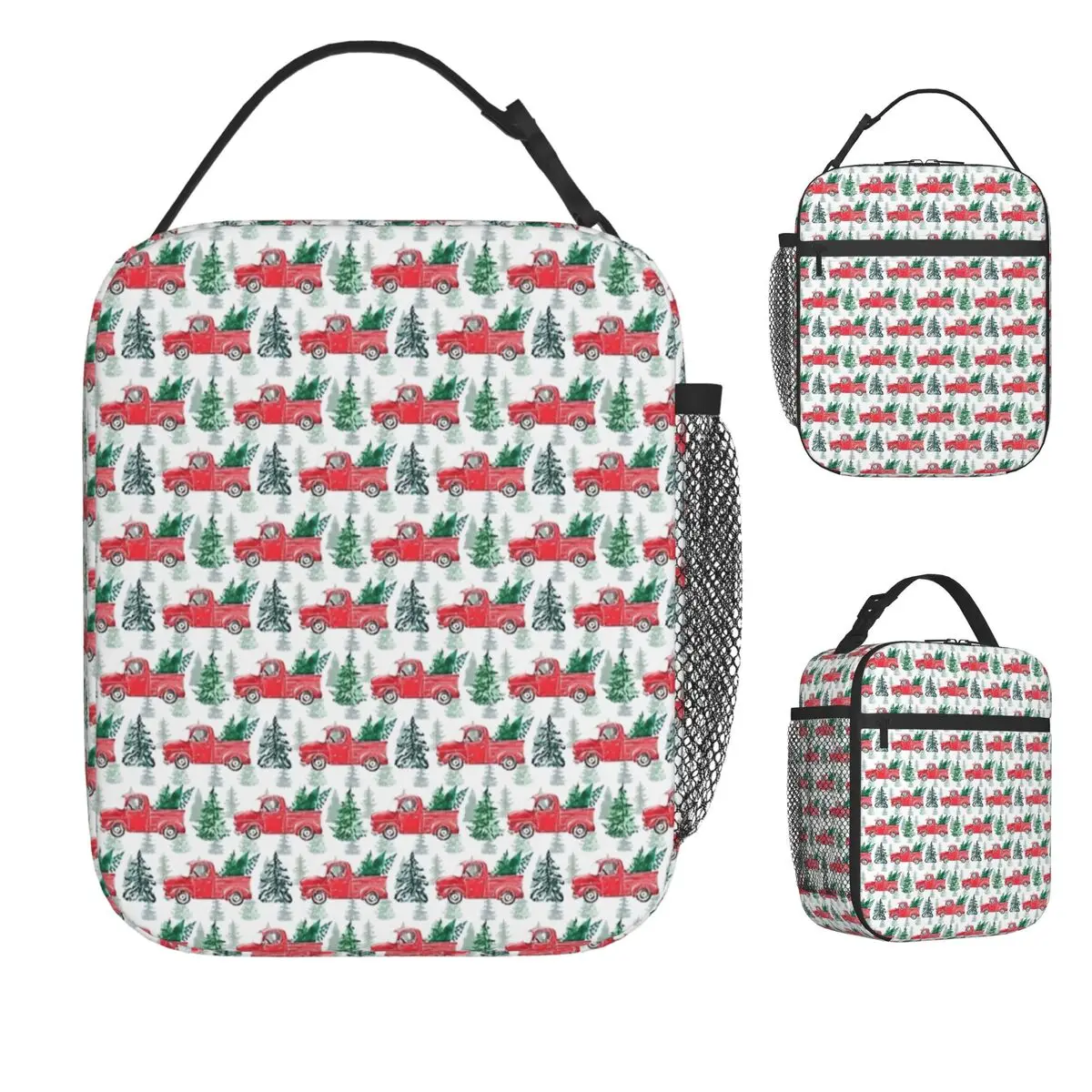 

Christmas Red Truck And Pine Trees On White Background Lunch Bag For Child Lunch Box Aesthetic Cooler Bag Thermal Lunch Bags