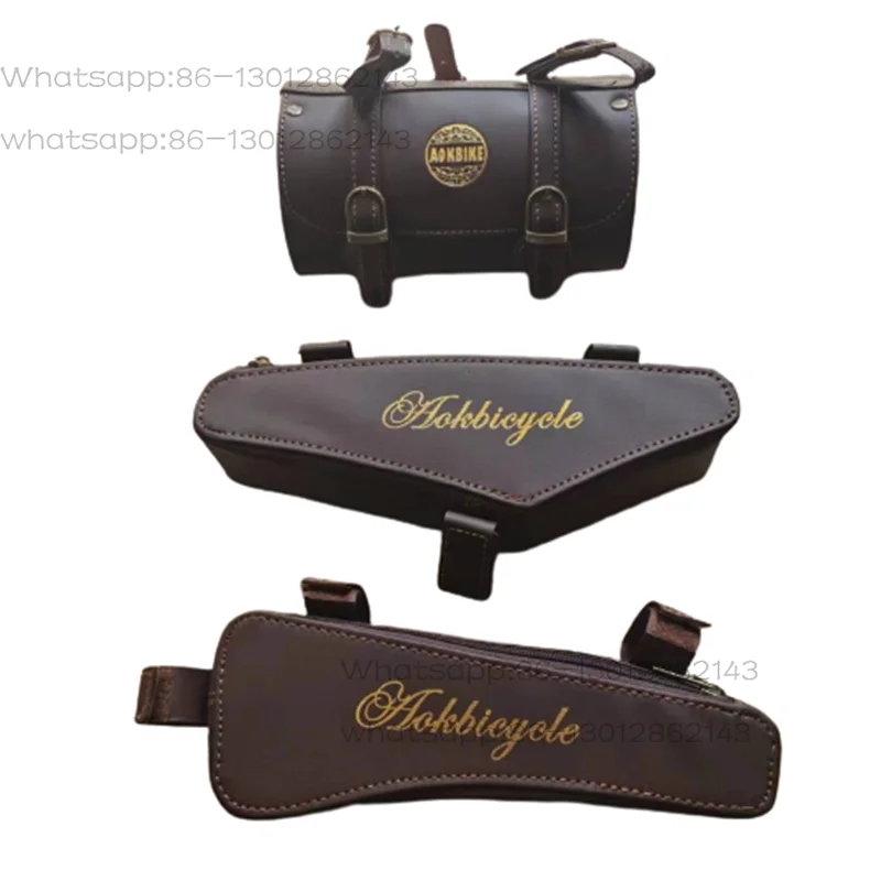 Vintage PU Leather Bicycle Bag, Retro Beach Cruiser Handlebar Bag, Top Tube Bag & Frame Tube Storage Pouch
