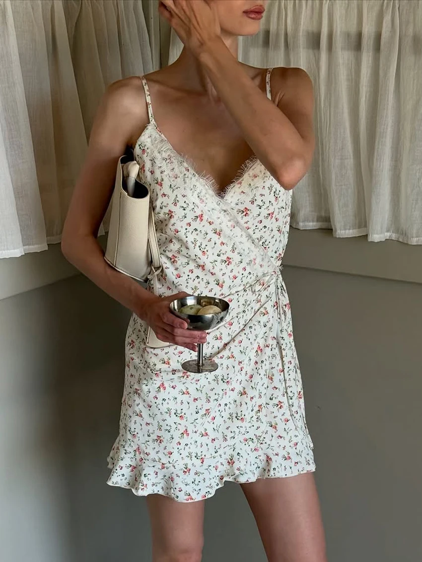 

Marthaqiqi Fashion Female Sleepwear Spaghetti Strap Pajamas V-Neck Nightie Lace Up Nightgown Printing Mini Dress Women Nightwear