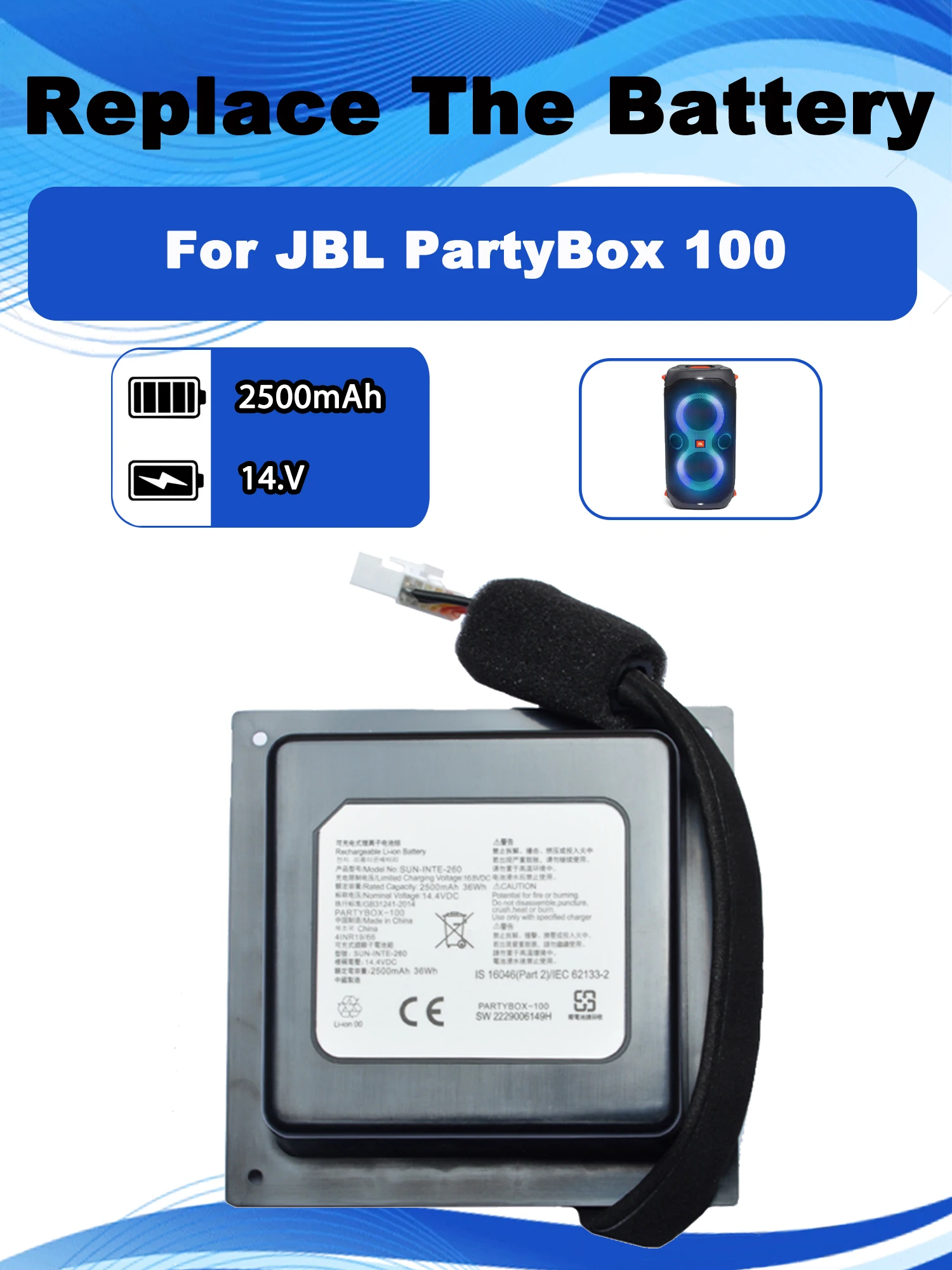 

Аккумуляторная батарея для JBL PartyBox 14,4, 2500 В, 100 мАч, Bluetooth-динамик, бесплатные инструменты